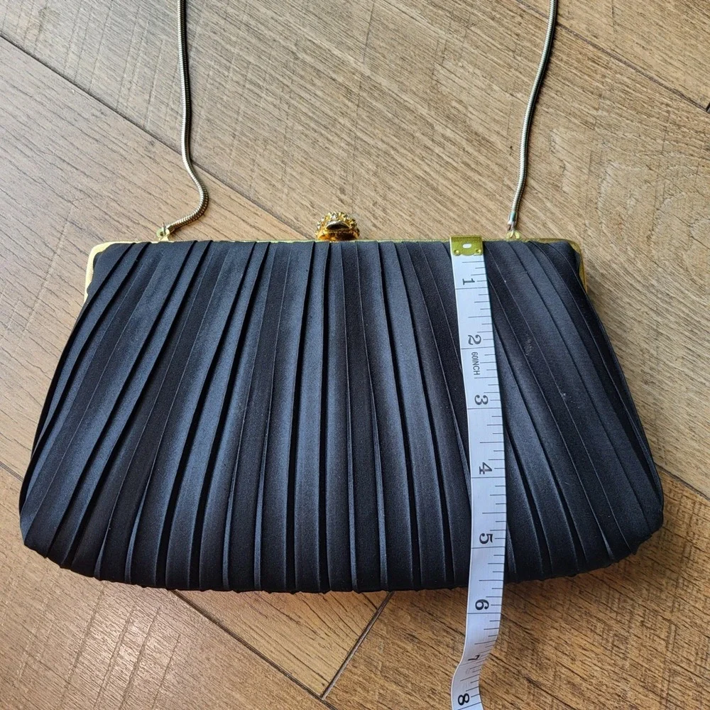 Regale Ltd Vintage Black Pleated Satin Clutch Rhinestone Clasp Gold Chain